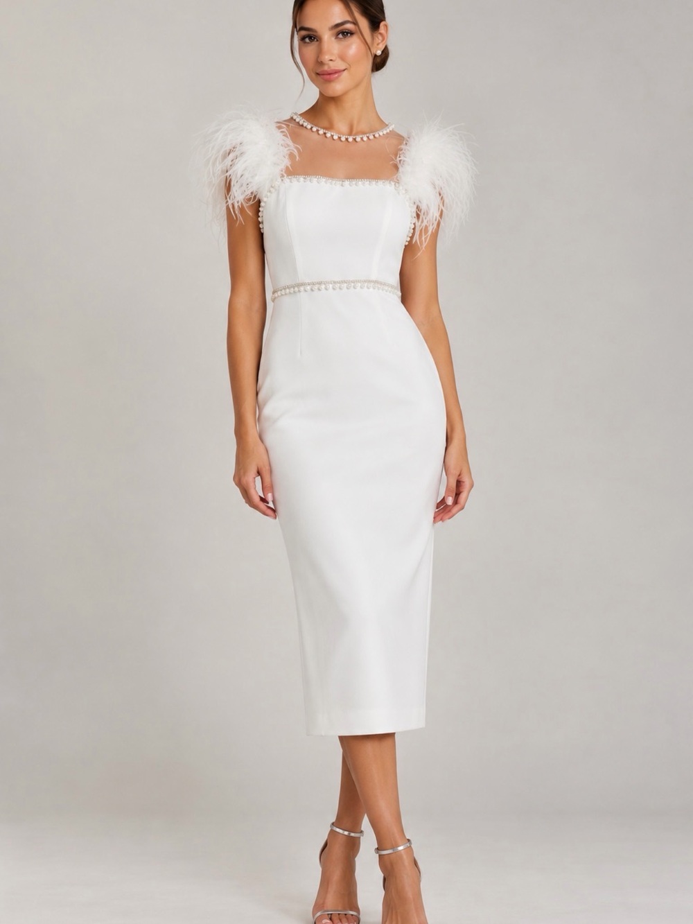 Mac Duggal White Feather Cap Sleeve Pearl Embellished Tea length Dress Size 4